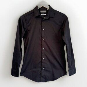 Calvin Klein Womens Slim Fit Stretch Button Up Career Top Sz 16 Black Minimalist